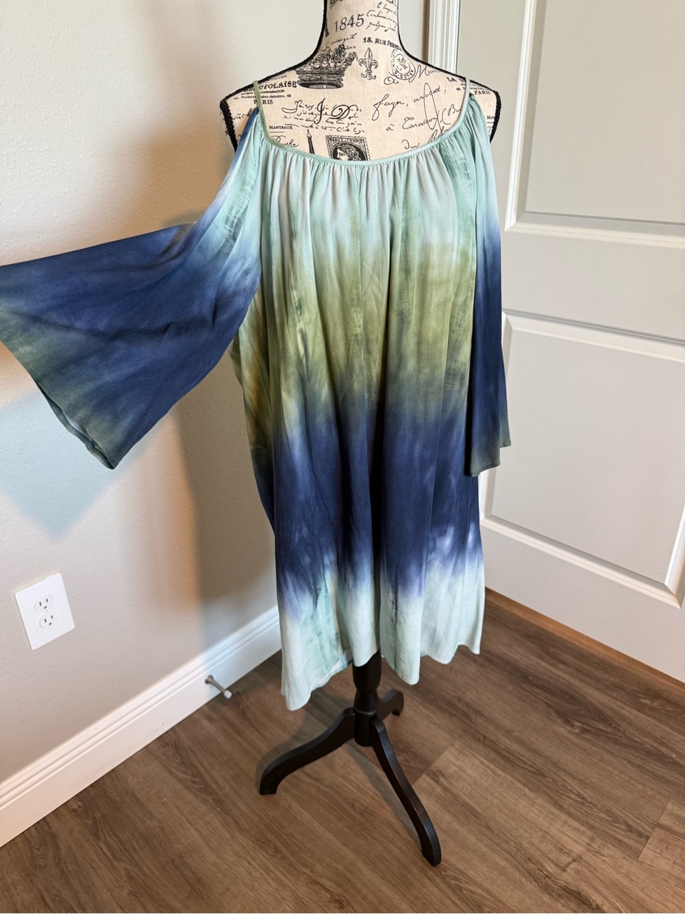 Karen Kane off the shoulder Tie Dye Blue to Green Dress
